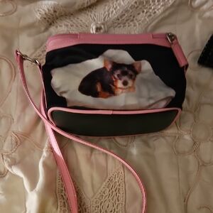 Cute Dog Print Crossbody Bag with Pink Trim